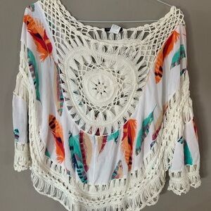 White and Orange Asymmetrical Crochet Blouse with 3/4 Sleeves